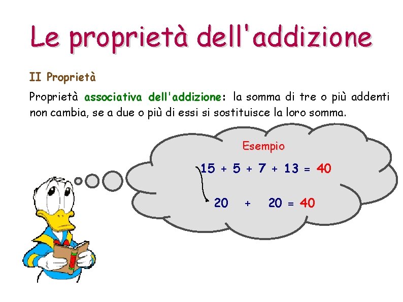 Le proprietà dell'addizione II Proprietà associativa dell'addizione: la somma di tre o più addenti