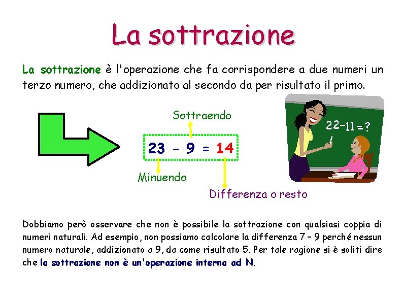 La sottrazione è l'operazione che fa corrispondere a due numeri un terzo numero, che