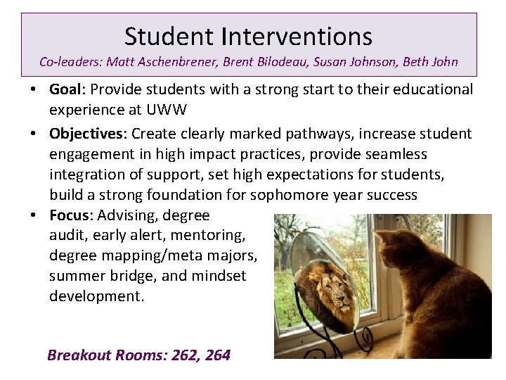 Student Interventions Co-leaders: Matt Aschenbrener, Brent Bilodeau, Susan Johnson, Beth John • Goal: Provide