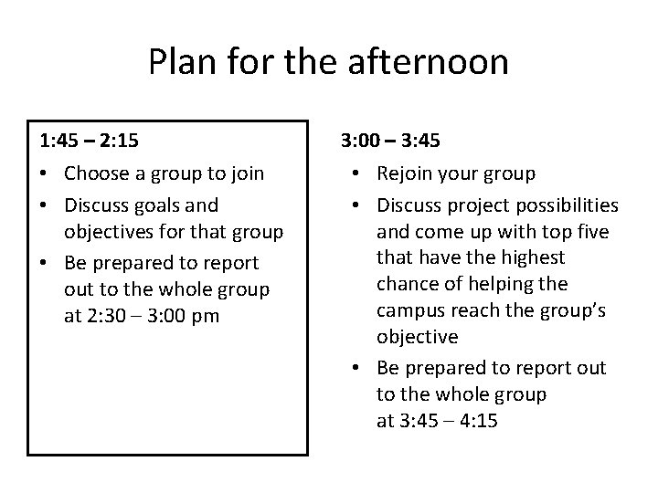 Plan for the afternoon 1: 45 – 2: 15 • Choose a group to