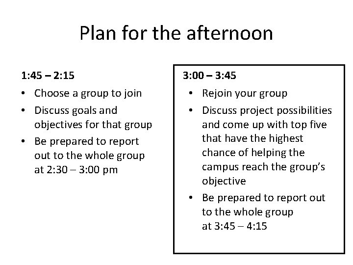 Plan for the afternoon 1: 45 – 2: 15 • Choose a group to