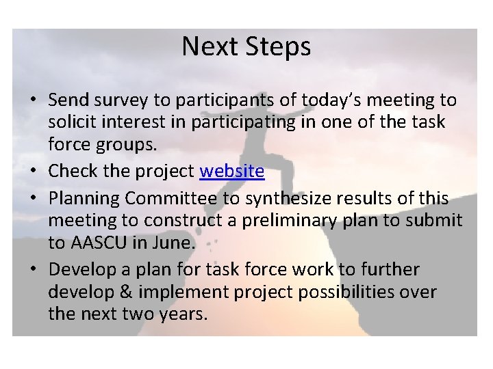 Next Steps • Send survey to participants of today’s meeting to solicit interest in