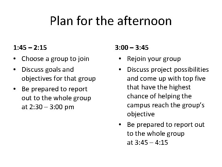 Plan for the afternoon 1: 45 – 2: 15 • Choose a group to