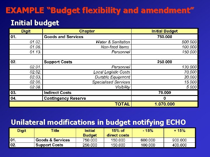 EXAMPLE “Budget flexibility and amendment” Initial budget Unilateral modifications in budget notifying ECHO 