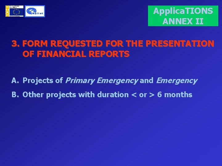 Applica. TIONS ANNEX II 3. FORM REQUESTED FOR THE PRESENTATION OF FINANCIAL REPORTS A.