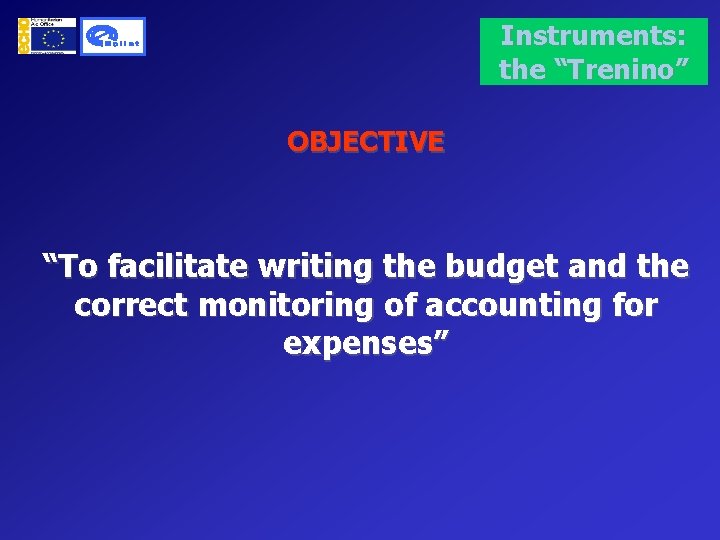 Instruments: the “Trenino” OBJECTIVE “To facilitate writing the budget and the correct monitoring of