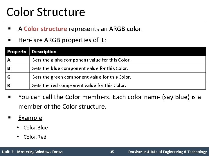 Color Structure § A Color structure represents an ARGB color. § Here are ARGB