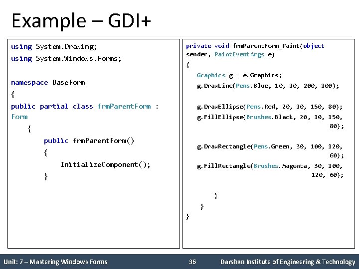 Example – GDI+ using System. Drawing; using System. Windows. Forms; private void frm. Parent.