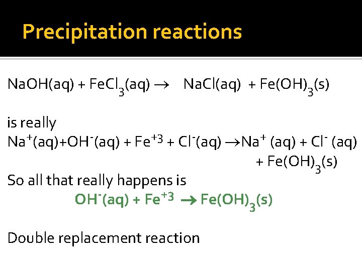 Precipitation reactions Na. OH(aq) + Fe. Cl 3(aq) ® Na. Cl(aq) + Fe(OH)3(s) is