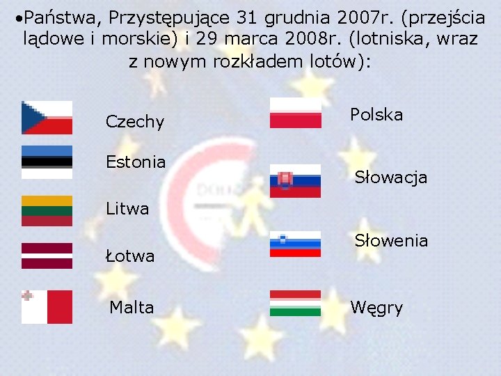 Państwa, Przystępujące 31 grudnia 2007 r. (przejścia lądowe i morskie) i 29 marca Państwa, Przystępujące 31 grudnia 2007 r. (przejścia lądowe i morskie) i 29 marca