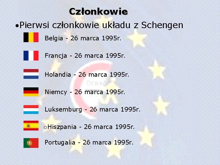 Członkowie Pierwsi członkowie układu z Schengen Belgia - 26 marca 1995 r. Francja - Członkowie Pierwsi członkowie układu z Schengen Belgia - 26 marca 1995 r. Francja -