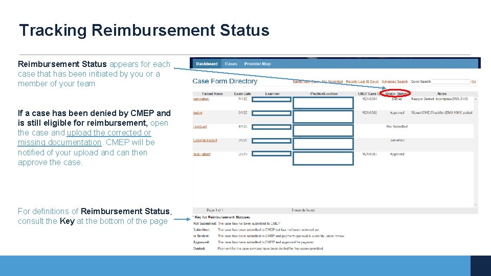 Tracking Reimbursement Status appears for each case that has been initiated by you or