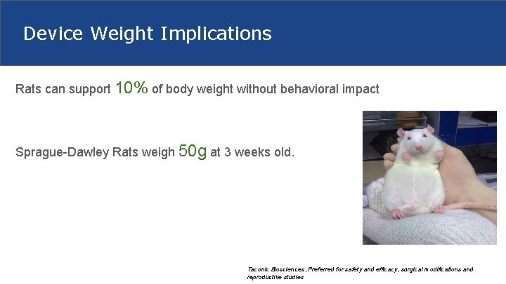 Device Weight Implications Rats can support 10% of body weight without behavioral impact Sprague-Dawley
