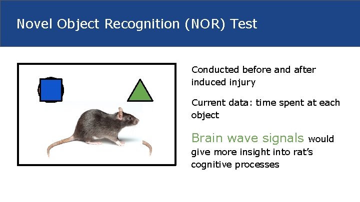 Novel Object Recognition (NOR) Test Conducted before and after induced injury Current data: time
