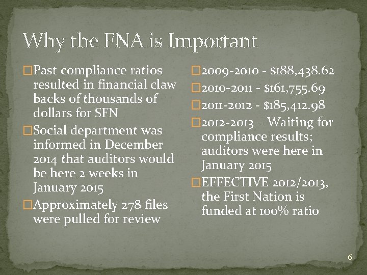 Why the FNA is Important �Past compliance ratios resulted in financial claw backs of