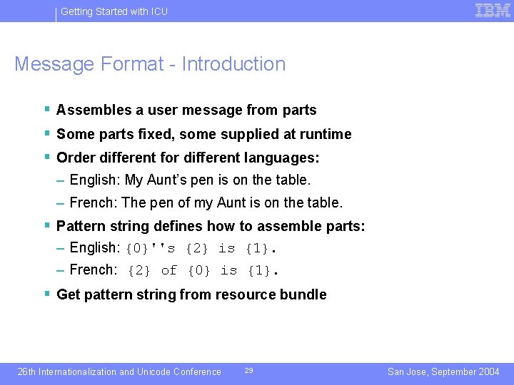 Getting Started with ICU Message Format - Introduction § Assembles a user message from