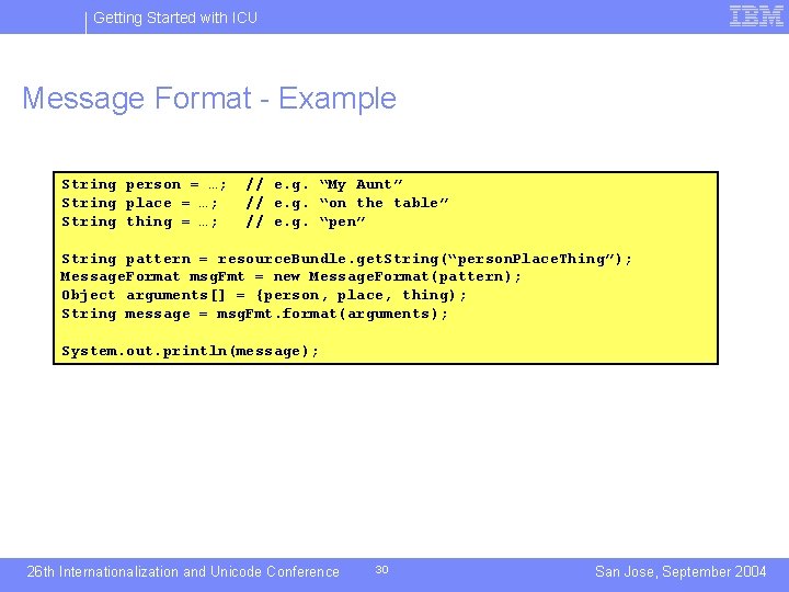 Getting Started with ICU Message Format - Example String person = …; String place