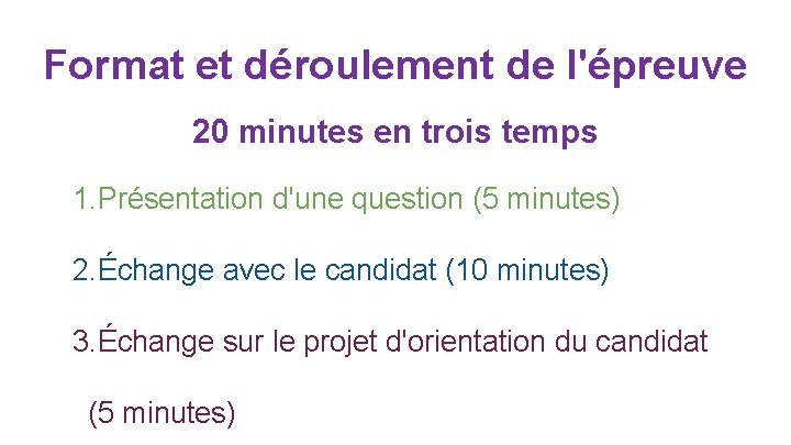 Format et déroulement de l'épreuve 20 minutes en trois temps 1. Présentation d'une question