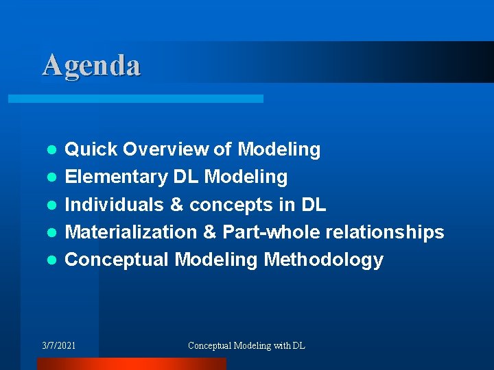 Agenda l l l Quick Overview of Modeling Elementary DL Modeling Individuals & concepts