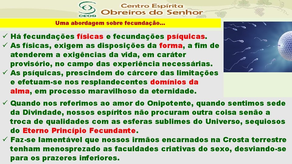Uma abordagem sobre fecundação. . . ü Há fecundações físicas e fecundações psíquicas. ü