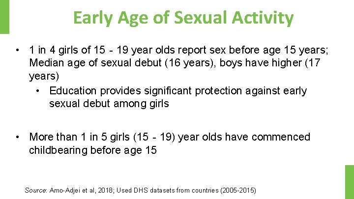 Early Age of Sexual Activity • 1 in 4 girls of 15‐ 19 year