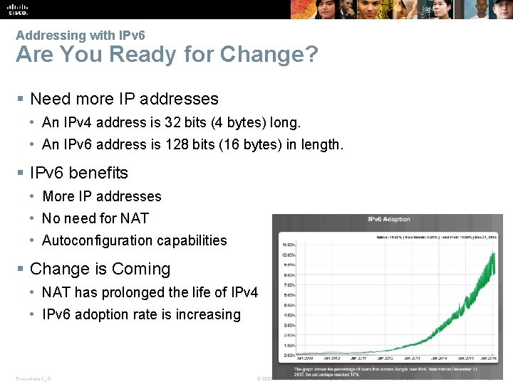 Addressing with IPv 6 Are You Ready for Change? § Need more IP addresses