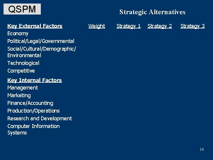 QSPM Key External Factors Economy Political/Legal/Governmental Social/Cultural/Demographic/ Environmental Technological Competitive Strategic Alternatives Weight Strategy