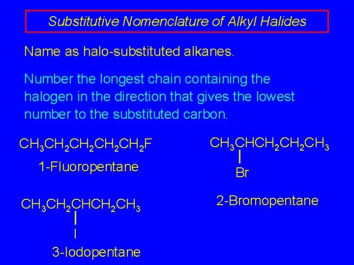 Substitutive Nomenclature of Alkyl Halides Name as halo-substituted alkanes. Number the longest chain containing