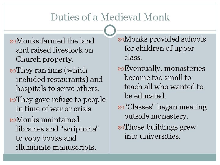 Duties of a Medieval Monks farmed the land raised livestock on Church property. They