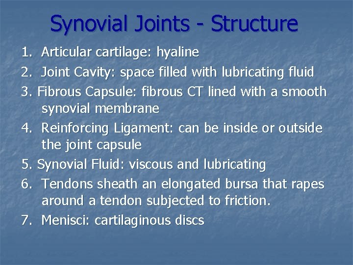 Synovial Joints - Structure 1. Articular cartilage: hyaline 2. Joint Cavity: space filled with