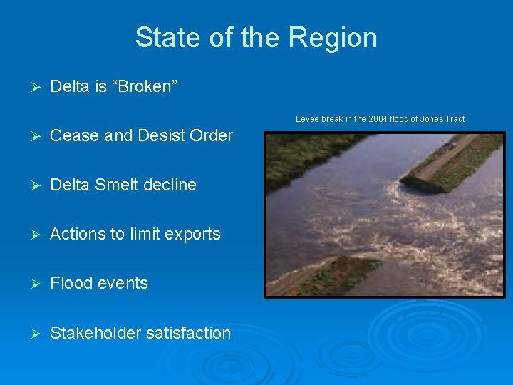 State of the Region Ø Delta is “Broken” Levee break in the 2004 flood