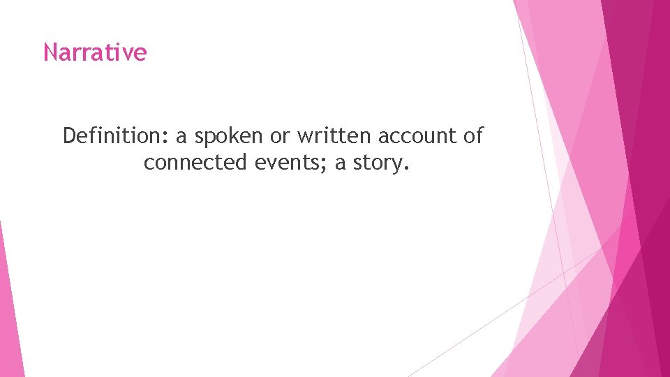 Narrative Definition: a spoken or written account of connected events; a story. 