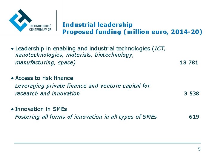 Industrial leadership Proposed funding (million euro, 2014 -20) • Leadership in enabling and industrial