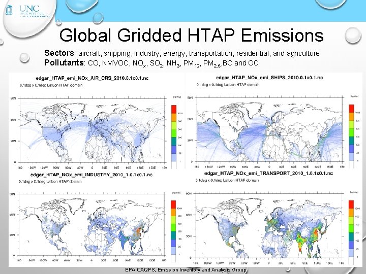Global Gridded HTAP Emissions Sectors: aircraft, shipping, industry, energy, transportation, residential, and agriculture Pollutants: