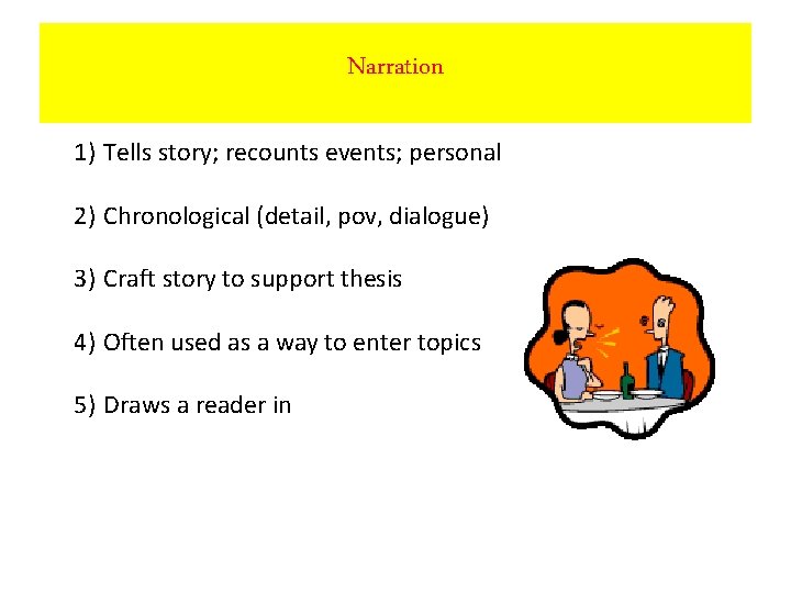 Narration 1) Tells story; recounts events; personal 2) Chronological (detail, pov, dialogue) 3) Craft