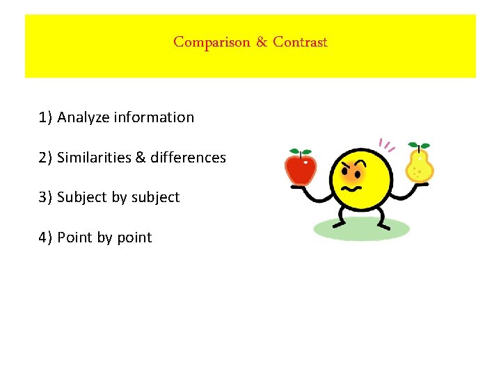 Comparison & Contrast 1) Analyze information 2) Similarities & differences 3) Subject by subject