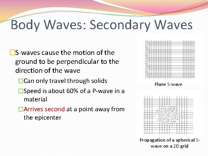 Body Waves: Secondary Waves �S-waves cause the motion of the ground to be perpendicular