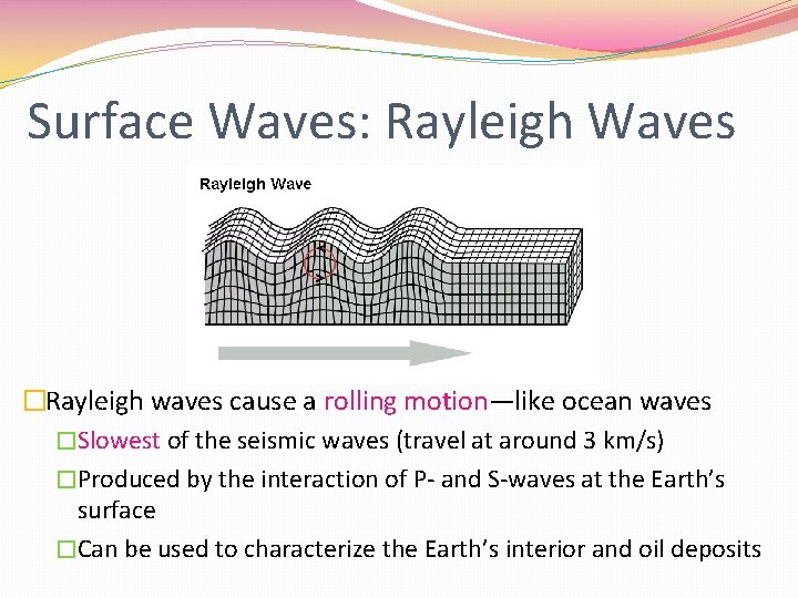 Surface Waves: Rayleigh Waves �Rayleigh waves cause a rolling motion—like ocean waves �Slowest of