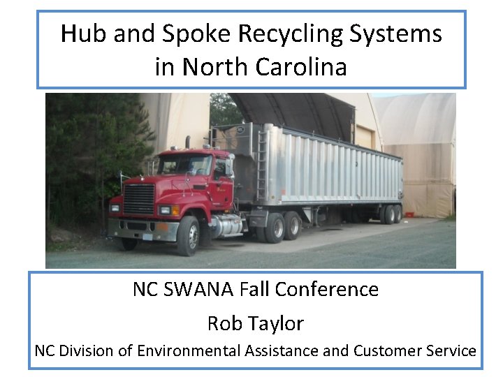 Hub and Spoke Recycling Systems in North Carolina NC SWANA Fall Conference Rob Taylor