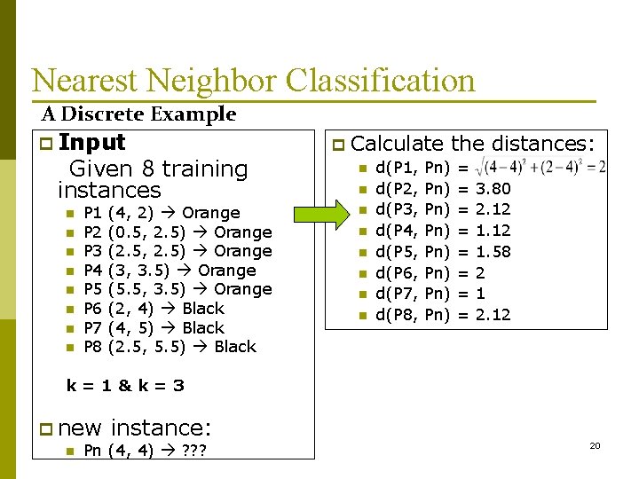 Nearest Neighbor Classification A Discrete Example p Input Given 8 training instances n n