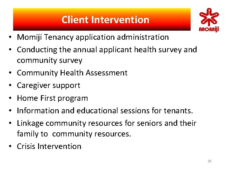 　Client Intervention • Momiji Tenancy application administration • Conducting the annual applicant health survey