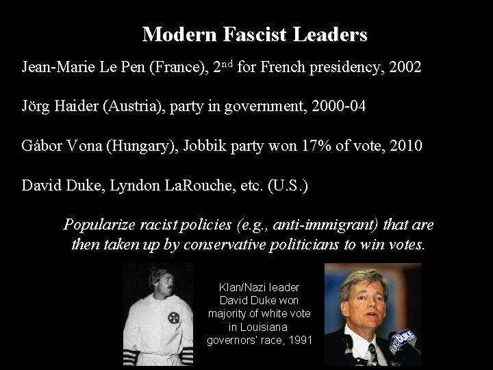 Modern Fascist Leaders Jean-Marie Le Pen (France), 2 nd for French presidency, 2002 Jörg
