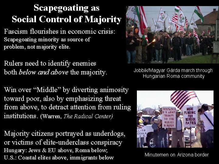 Scapegoating as Social Control of Majority Fascism flourishes in economic crisis: Scapegoating minority as