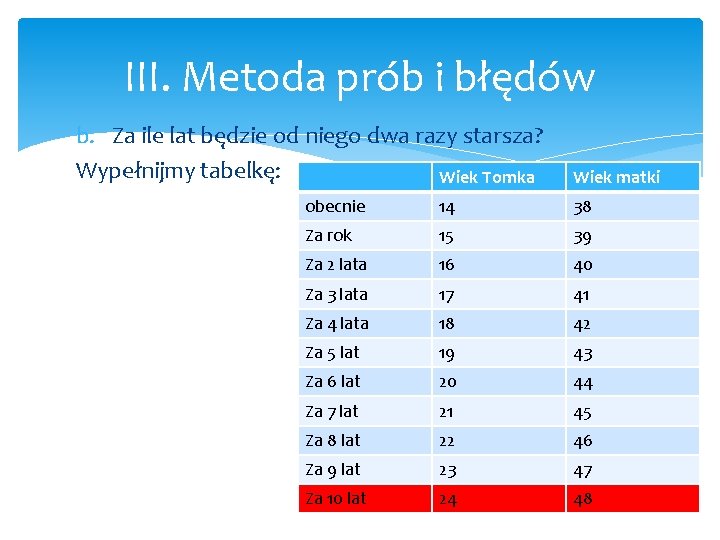 III. Metoda prób i błędów b. Za ile lat będzie od niego dwa razy