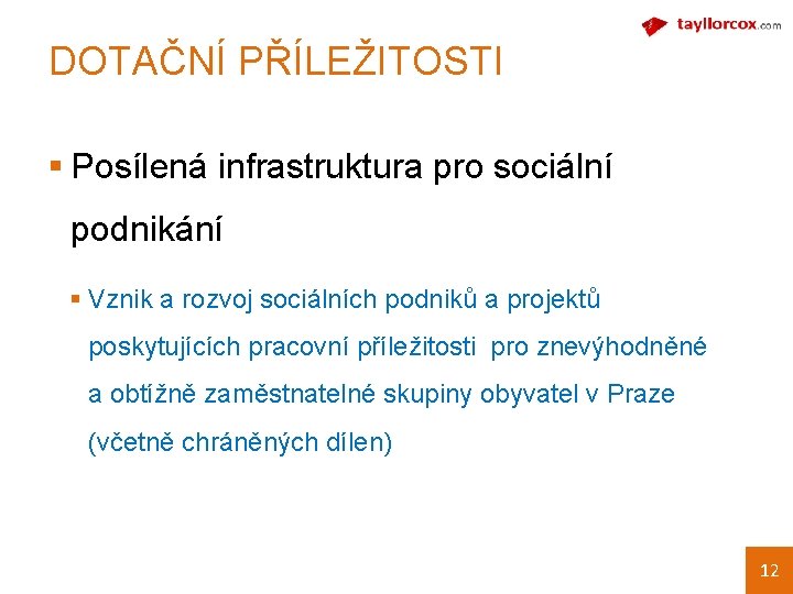 DOTAČNÍ PŘÍLEŽITOSTI § Posílená infrastruktura pro sociální podnikání § Vznik a rozvoj sociálních podniků