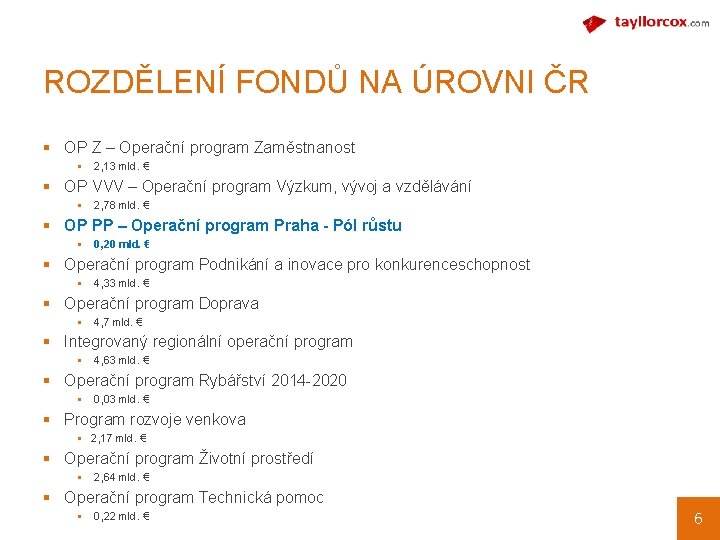 ROZDĚLENÍ FONDŮ NA ÚROVNI ČR § OP Z – Operační program Zaměstnanost § 2,