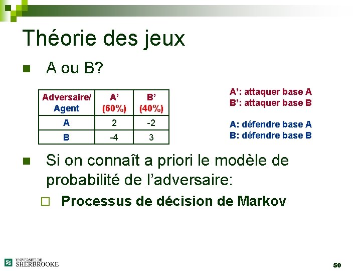 Théorie des jeux n n A ou B? Adversaire/ Agent A’ (60%) B’ (40%)