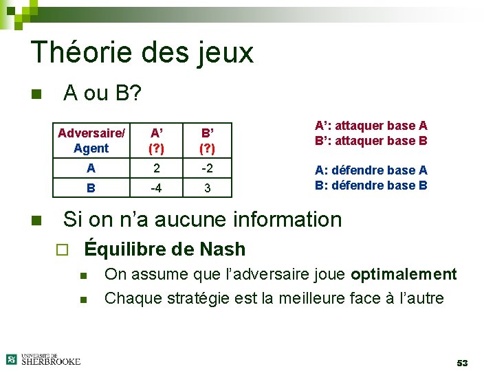 Théorie des jeux n n A ou B? Adversaire/ Agent A’ (? ) B’