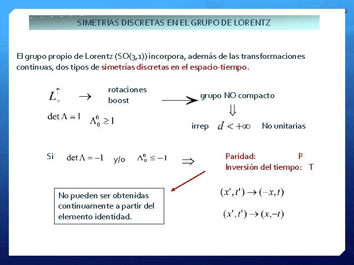 2 SIMETRÍAS DISCRETAS EN EL GRUPO DE LORENTZ El grupo propio de Lorentz (SO(3,