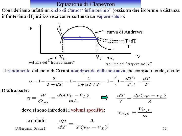 Equazione di Clapeyron Consideriamo infatti un ciclo di Carnot “infinitesimo” (ossia tra due isoterme